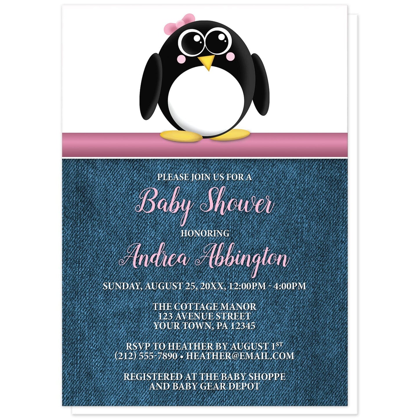 Cute Penguin Pink Rustic Denim Baby Shower Invitations at Artistically Invited. Cute penguin pink rustic denim baby shower invitations with an illustration of an adorable black and white penguin with a little pink bow. This cute little penguin stands on a horizontal pink stripe. The personalized information you provide for your baby shower celebration will be arranged in pink and white over a rustic blue denim background.