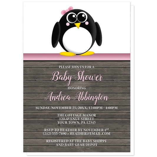 Cute Penguin Pink Rustic Wood Baby Shower Invitations at Artistically Invited. Cute penguin pink rustic wood baby shower invitations with an illustration of an adorable black and white penguin with a little pink bow. This cute little penguin stands on a horizontal pink stripe. The information you provide for your baby shower celebration will be arranged in pink and white over a rustic brown wood background illustration.