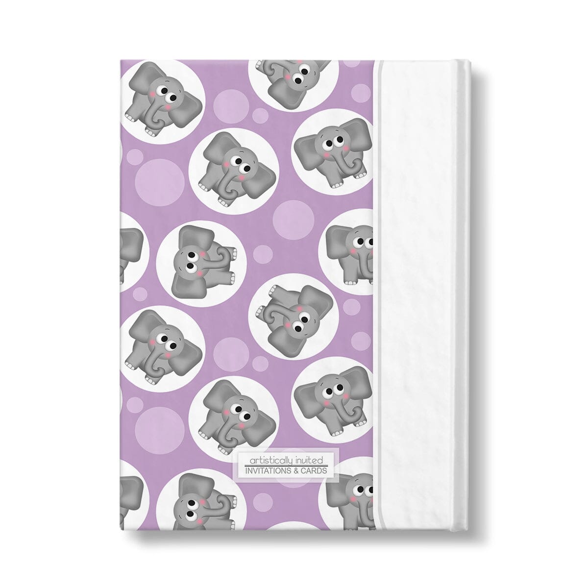 Personalized Cute Purple Elephant Journal at Artistically Invited. Back side of the book.