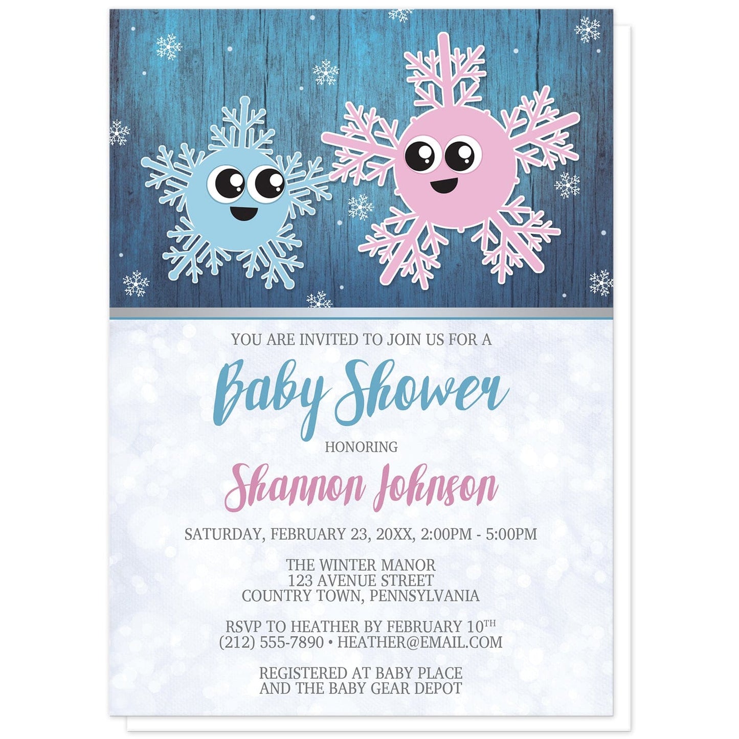Cute Snowflake Rustic Winter Boy Baby Shower Invitations at Artistically Invited. Cute snowflake rustic winter boy baby shower invitations with an adorable illustration of little boy baby snowflake with his pink mommy snowflake. They are displayed over a dark blue background with a wood grain overlay, and smaller white snowflakes floating down.