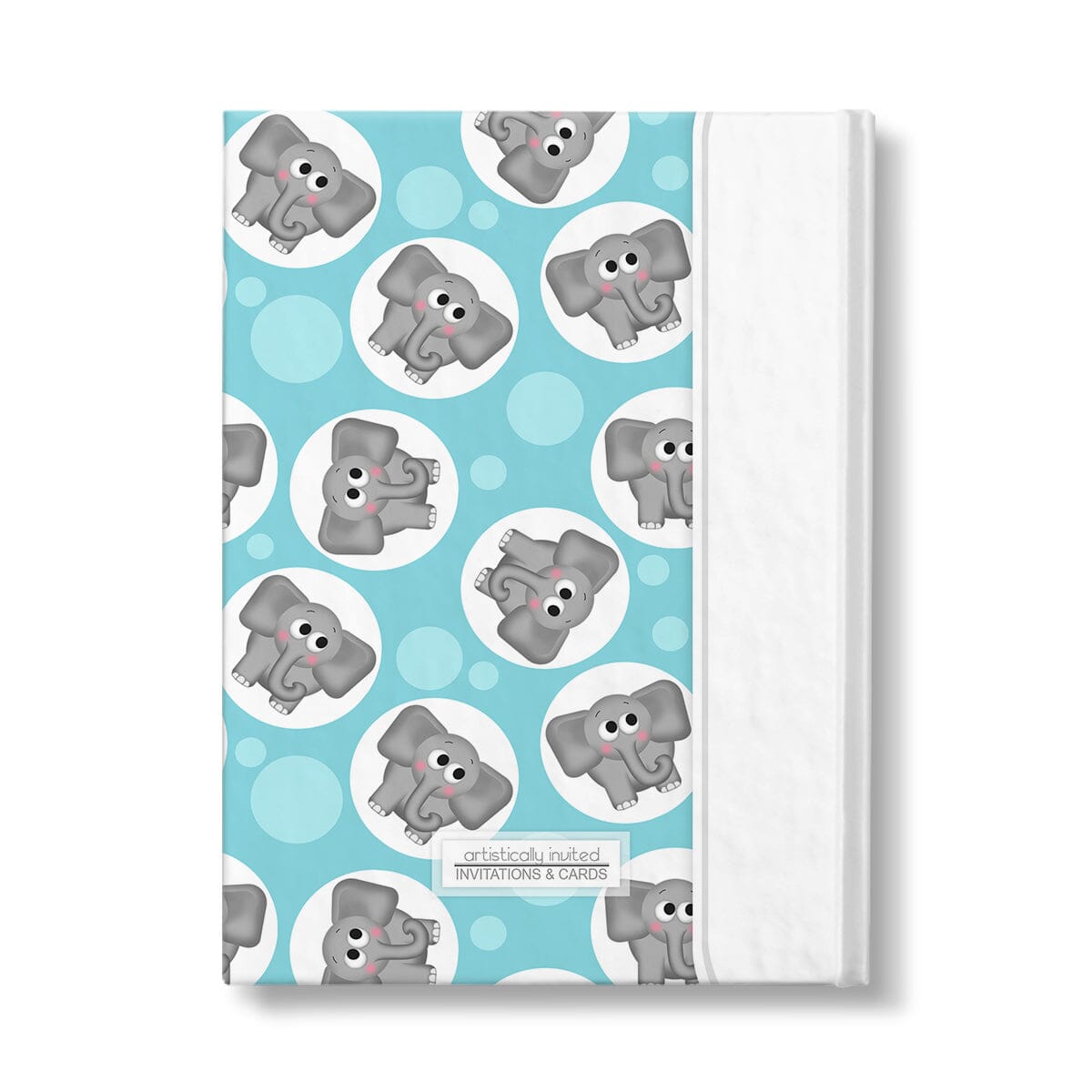 Personalized Cute Turquoise Elephant Journal at Artistically Invited. Back side of the book.