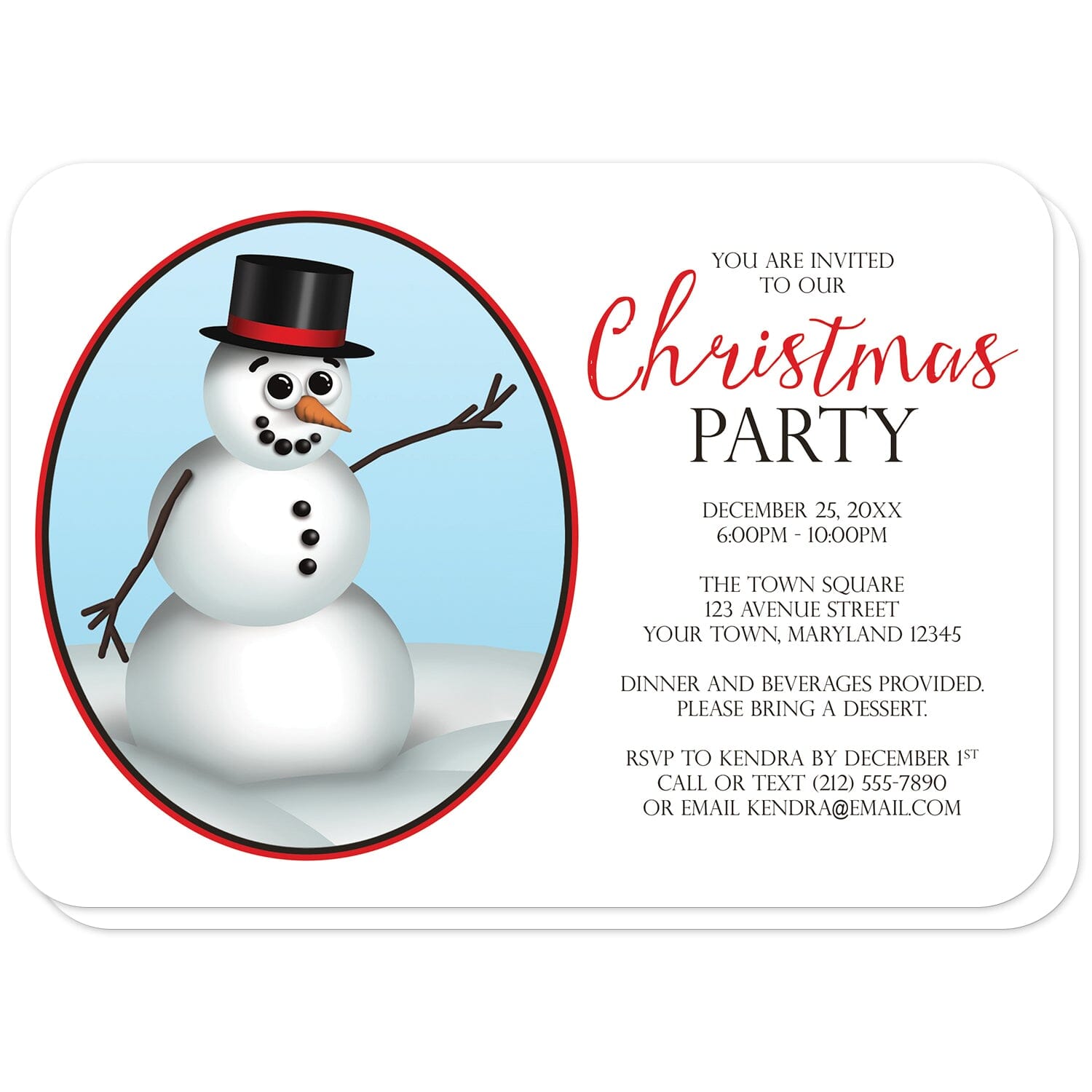 Cute and Classy Snowman Christmas Party Invitations (with rounded corners) at Artistically Invited. Cute and classy snowman Christmas party invitations in a modern design with an illustration of a cute and classy snowman wearing a black top hat with a red stripe. These invitations are designed for your winter Christmas party, holiday party, or office party celebration.