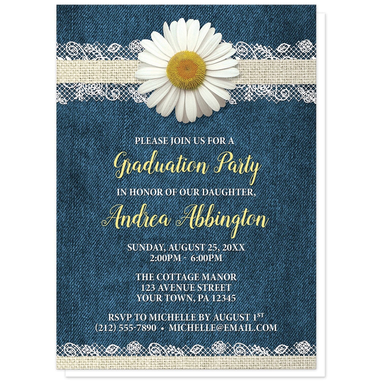 Daisy Burlap and Lace Denim Graduation Invitations at Artistically Invited. Daisy burlap and lace denim graduation invitations with a white daisy flower image centered at the top on a burlap and lace ribbon strip illustration. Your personalized graduation celebration details are custom printed in yellow and white over a blue denim background. They're the perfect invitations for when the graduate loves daisies.
