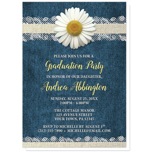 Daisy Burlap and Lace Denim Graduation Invitations at Artistically Invited. Daisy burlap and lace denim graduation invitations with a white daisy flower image centered at the top on a burlap and lace ribbon strip illustration. Your personalized graduation celebration details are custom printed in yellow and white over a blue denim background. They're the perfect invitations for when the graduate loves daisies.