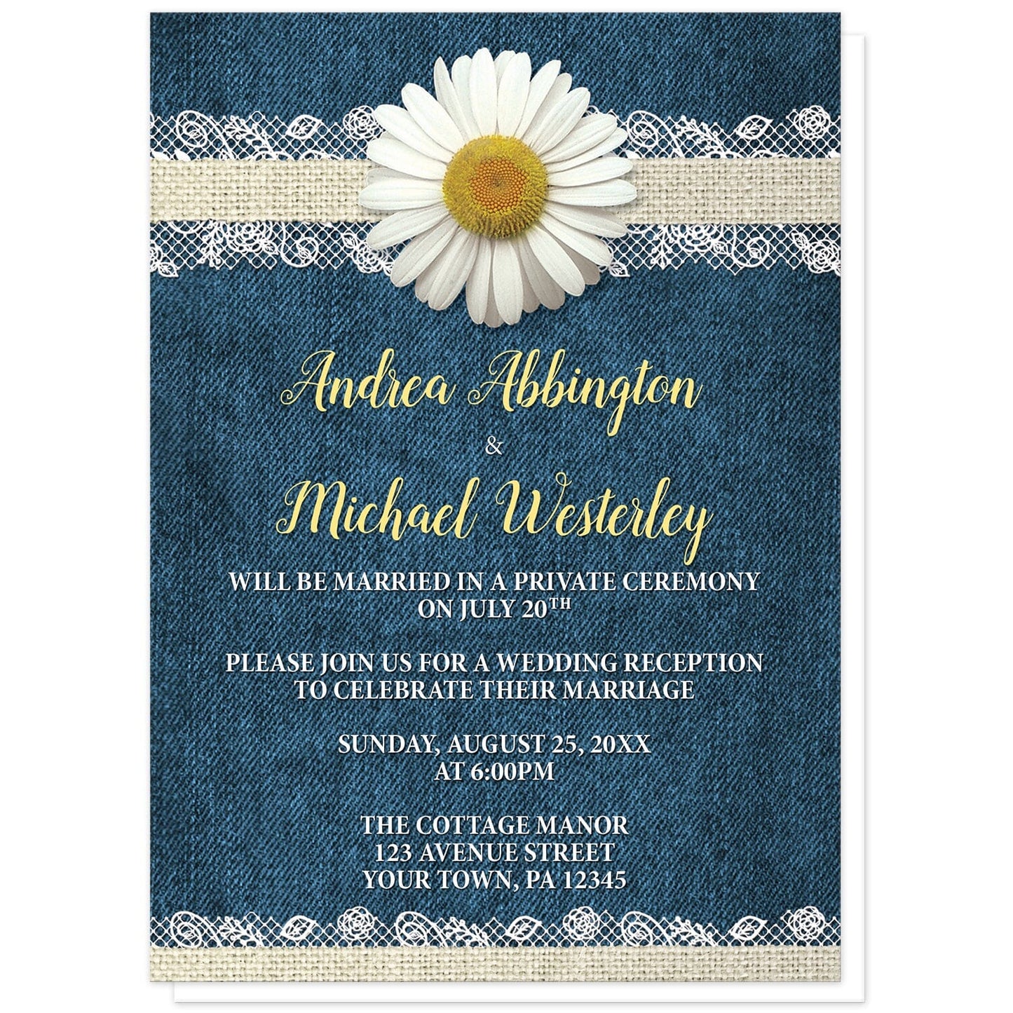 Daisy Burlap and Lace Denim Reception Only Invitations at Artistically Invited. Invitations designed with a white daisy flower centered at the top on a burlap and lace ribbon strip illustration, over a blue country denim fabric background. Your personalized post-wedding reception celebration details are arranged in yellow and white over the denim design.