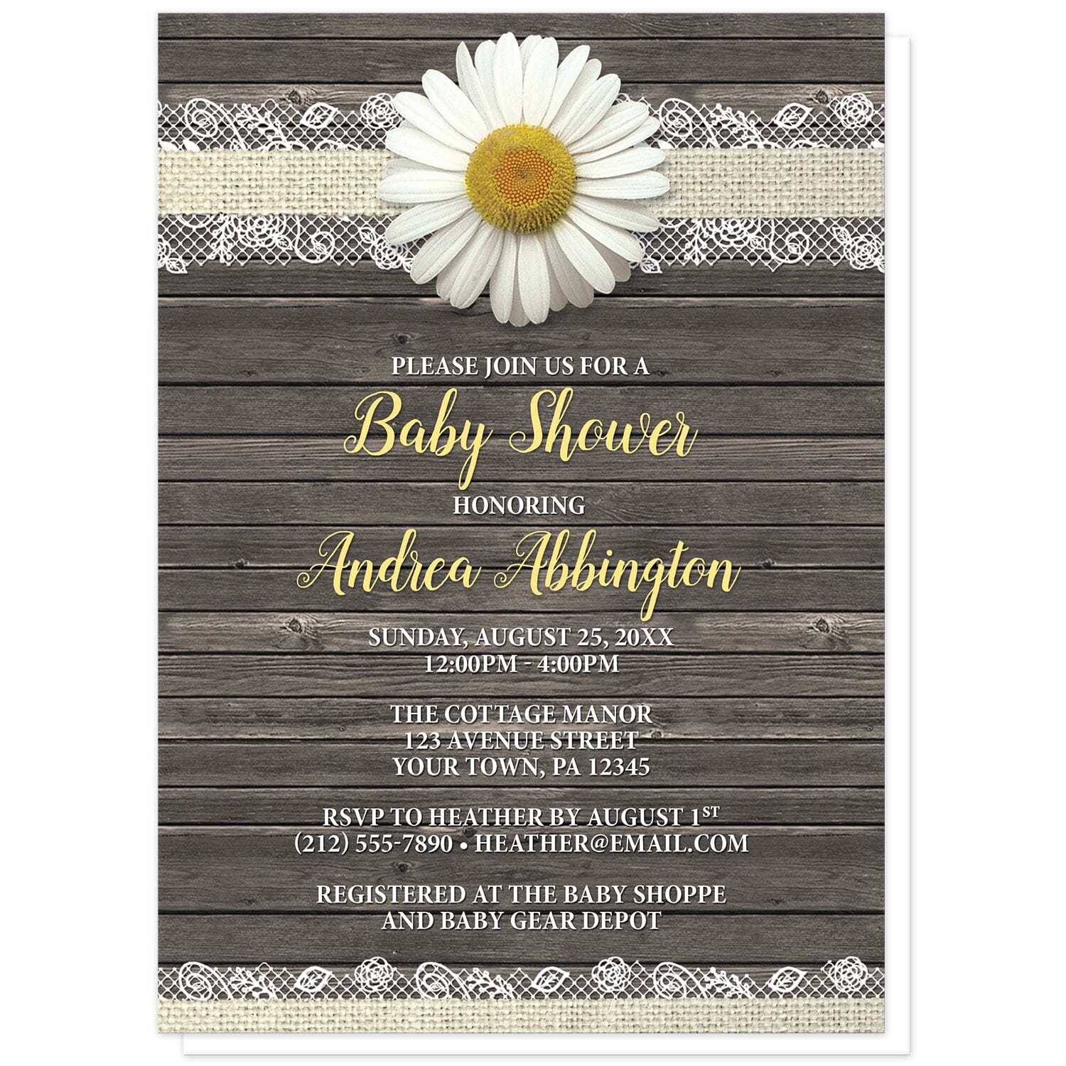 Daisy Burlap and Lace Wood Baby Shower Invitations at Artistically Invited. Southern rustic daisy burlap and lace wood baby shower invitations with a white daisy flower centered at the top on a burlap and lace ribbon strip illustration, over a brown country wood background. Your personalized baby shower celebration details are arranged in yellow and white over the wood design.
