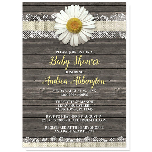 Daisy Burlap and Lace Wood Baby Shower Invitations at Artistically Invited. Southern rustic daisy burlap and lace wood baby shower invitations with a white daisy flower centered at the top on a burlap and lace ribbon strip illustration, over a brown country wood background. Your personalized baby shower celebration details are arranged in yellow and white over the wood design.