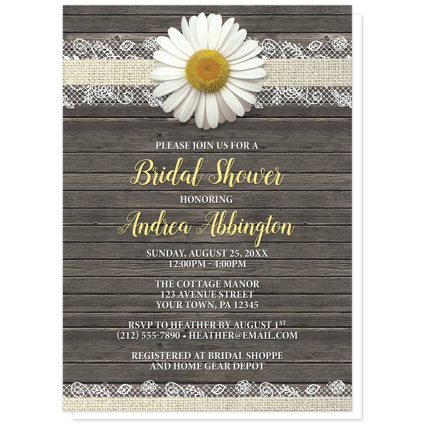 Daisy Burlap and Lace Wood Bridal Shower Invitations at Artistically Invited. Southern rustic daisy burlap and lace wood bridal shower invitations with a white daisy flower centered at the top on a burlap and lace ribbon strip illustration, over a country brown wood background. Your personalized bridal shower celebration details are arranged in yellow and white over the wood design.