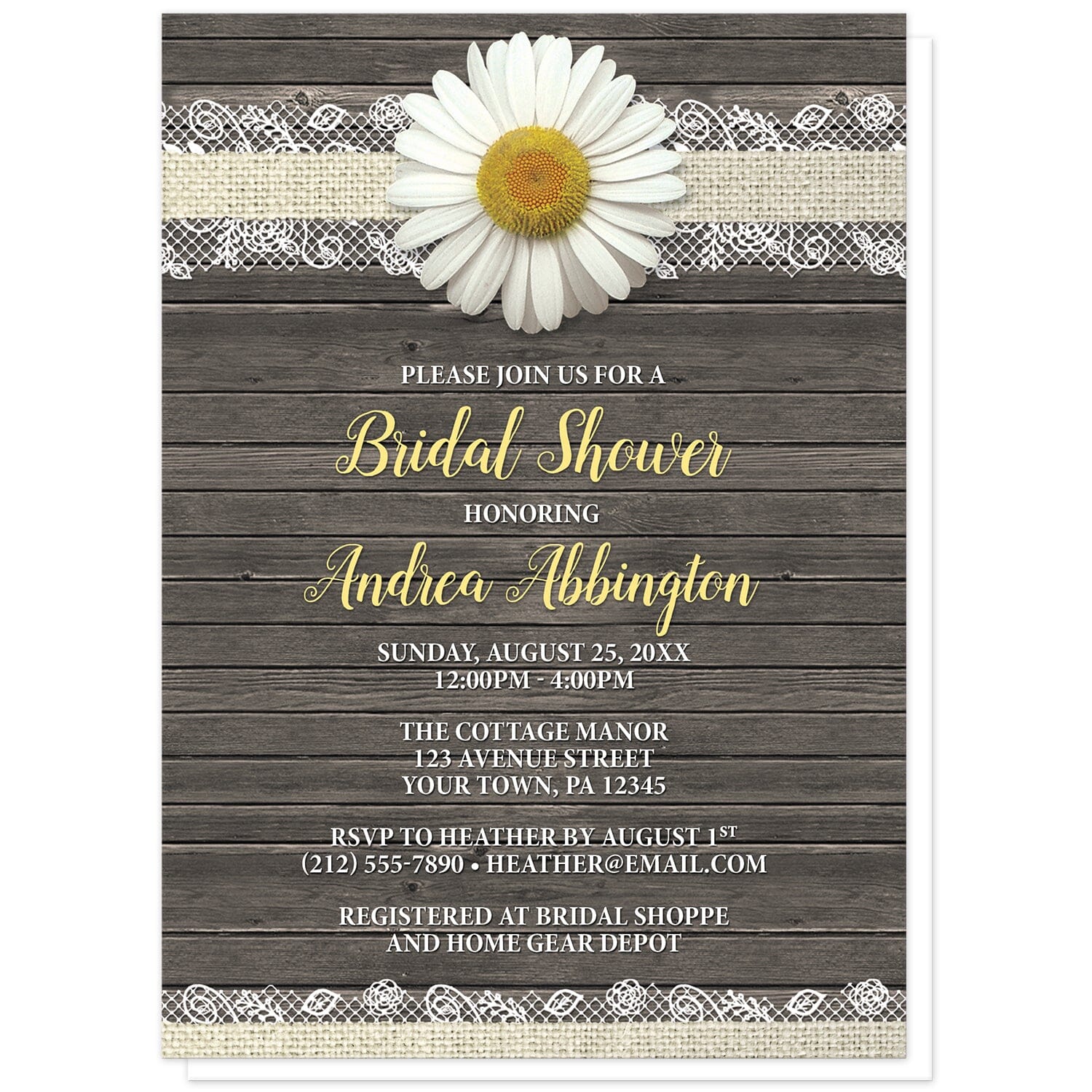 Daisy Burlap and Lace Wood Bridal Shower Invitations at Artistically Invited. Southern rustic daisy burlap and lace wood bridal shower invitations with a white daisy flower centered at the top on a burlap and lace ribbon strip illustration, over a country brown wood background. Your personalized bridal shower celebration details are arranged in yellow and white over the wood design.
