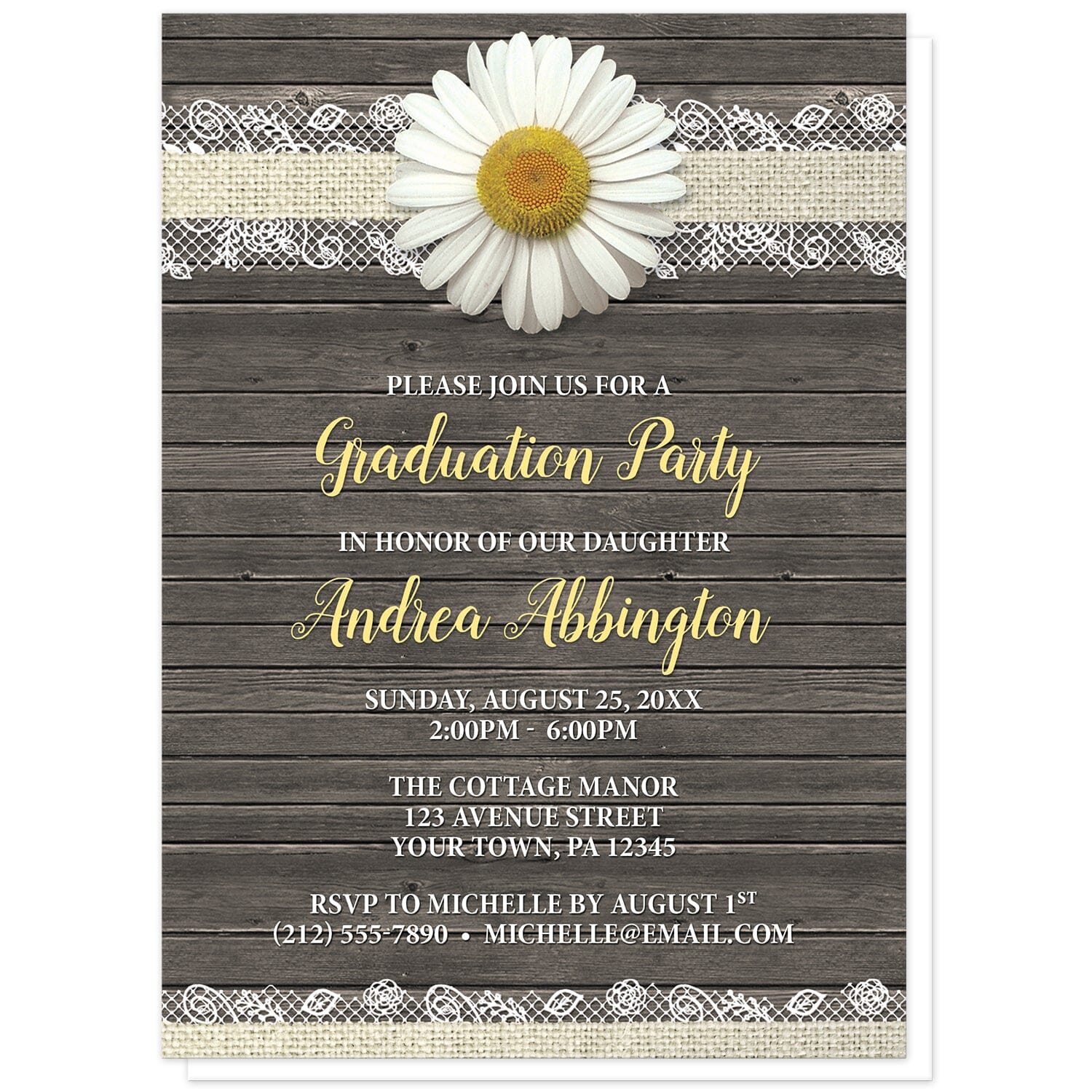 Daisy Burlap and Lace Wood Graduation Invitations at Artistically Invited. Southern rustic daisy burlap and lace wood graduation invitations with a white daisy flower image centered at the top on a burlap and lace ribbon strip illustration. Your personalized graduation party details are custom printed in yellow and white over a country brown wood background.