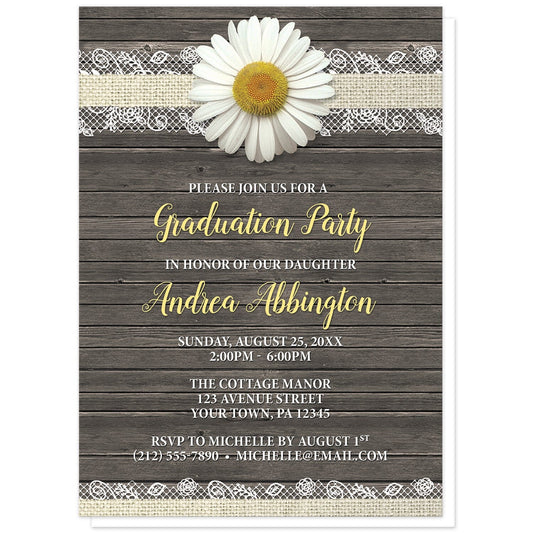 Daisy Burlap and Lace Wood Graduation Invitations at Artistically Invited. Southern rustic daisy burlap and lace wood graduation invitations with a white daisy flower image centered at the top on a burlap and lace ribbon strip illustration. Your personalized graduation party details are custom printed in yellow and white over a country brown wood background.