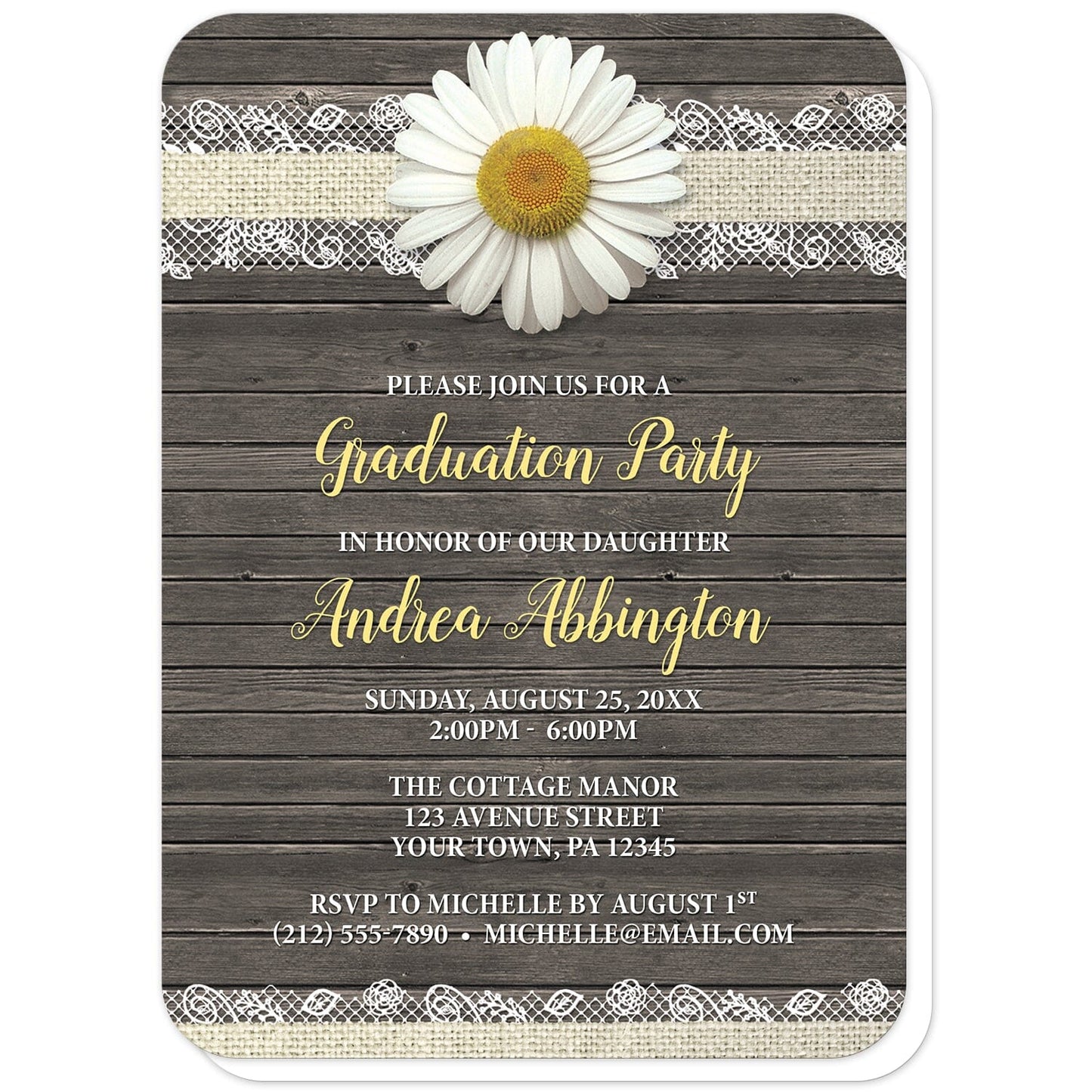 Daisy Burlap and Lace Wood Graduation Invitations (with rounded corners) at Artistically Invited. Southern rustic daisy burlap and lace wood graduation invitations with a white daisy flower image centered at the top on a burlap and lace ribbon strip illustration. Your personalized graduation party details are custom printed in yellow and white over a country brown wood background.