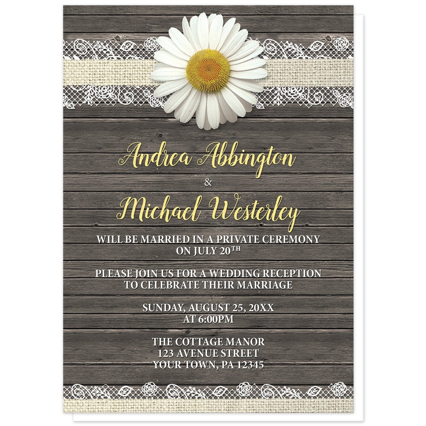 Daisy Burlap and Lace Wood Reception Only Invitations at Artistically Invited. Southern rustic daisy burlap and lace wood reception only invitations with a white daisy flower centered at the top on a burlap and lace ribbon strip illustration, over a brown country wood background. Your personalized post-wedding reception celebration details are arranged in yellow and white over the wood design.