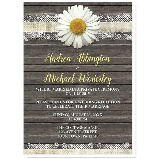 Daisy Burlap and Lace Wood Reception Only Invitations at Artistically Invited. Southern rustic daisy burlap and lace wood reception only invitations with a white daisy flower centered at the top on a burlap and lace ribbon strip illustration, over a brown country wood background. Your personalized post-wedding reception celebration details are arranged in yellow and white over the wood design.