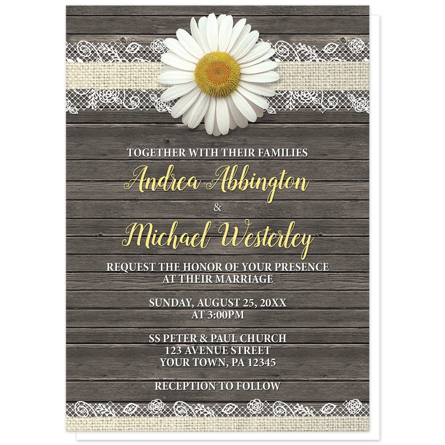 Daisy Burlap and Lace Wood Wedding Invitations at Artistically Invited. Southern rustic daisy burlap and lace wood wedding invitations with a white daisy flower centered at the top on a burlap and lace ribbon strip illustration, over a brown country wood background. Your personalized marriage celebration details are arranged in yellow and white over the wood design.
