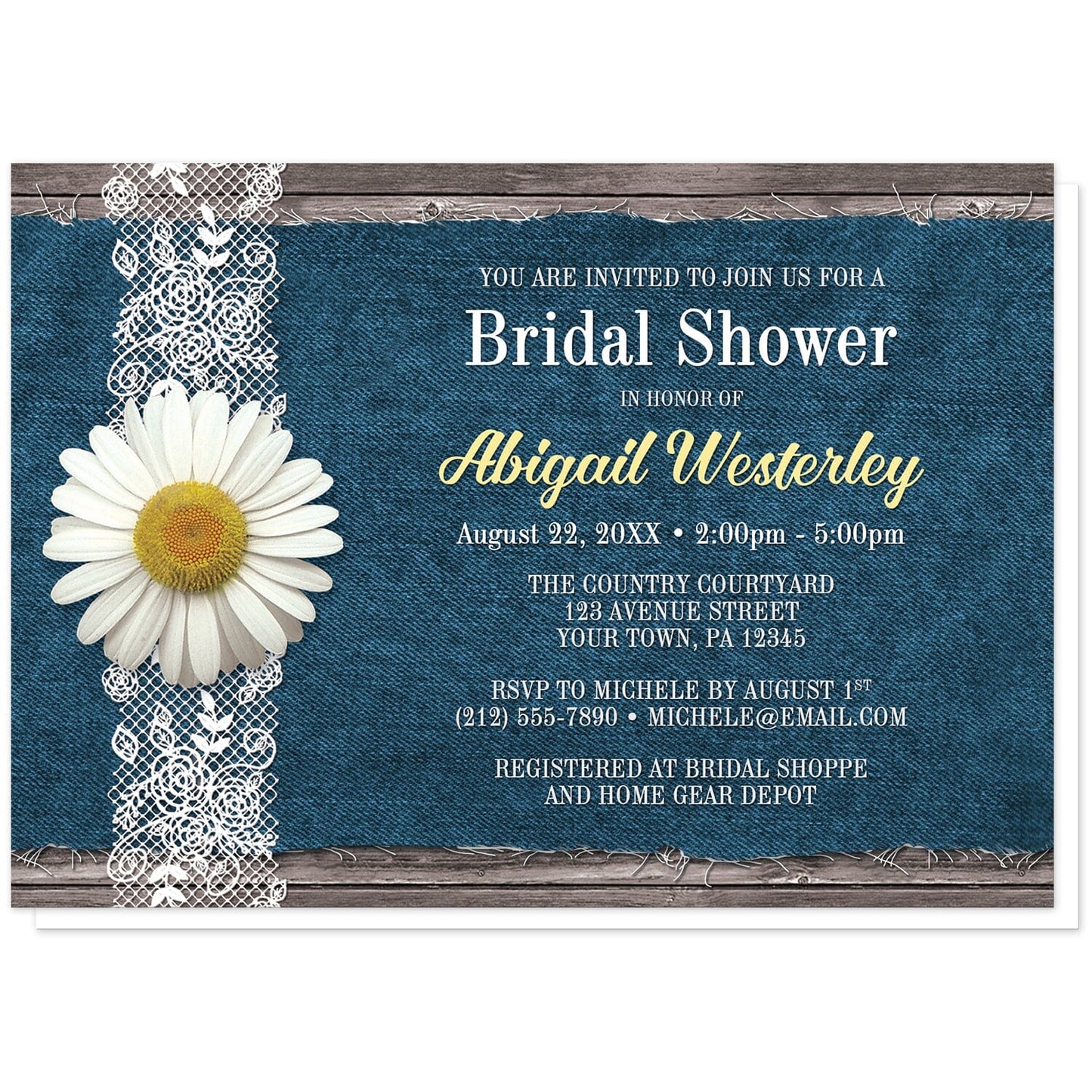 Daisy Denim and Lace Rustic Bridal Shower Invitations at Artistically Invited. Daisy denim and lace rustic bridal shower invitations with a white daisy flower on a white lace ribbon along the left side. Your personalized bridal shower celebration details are arranged in white, light gray, and yellow over a fraying blue denim fabric background illustration over rustic wood.