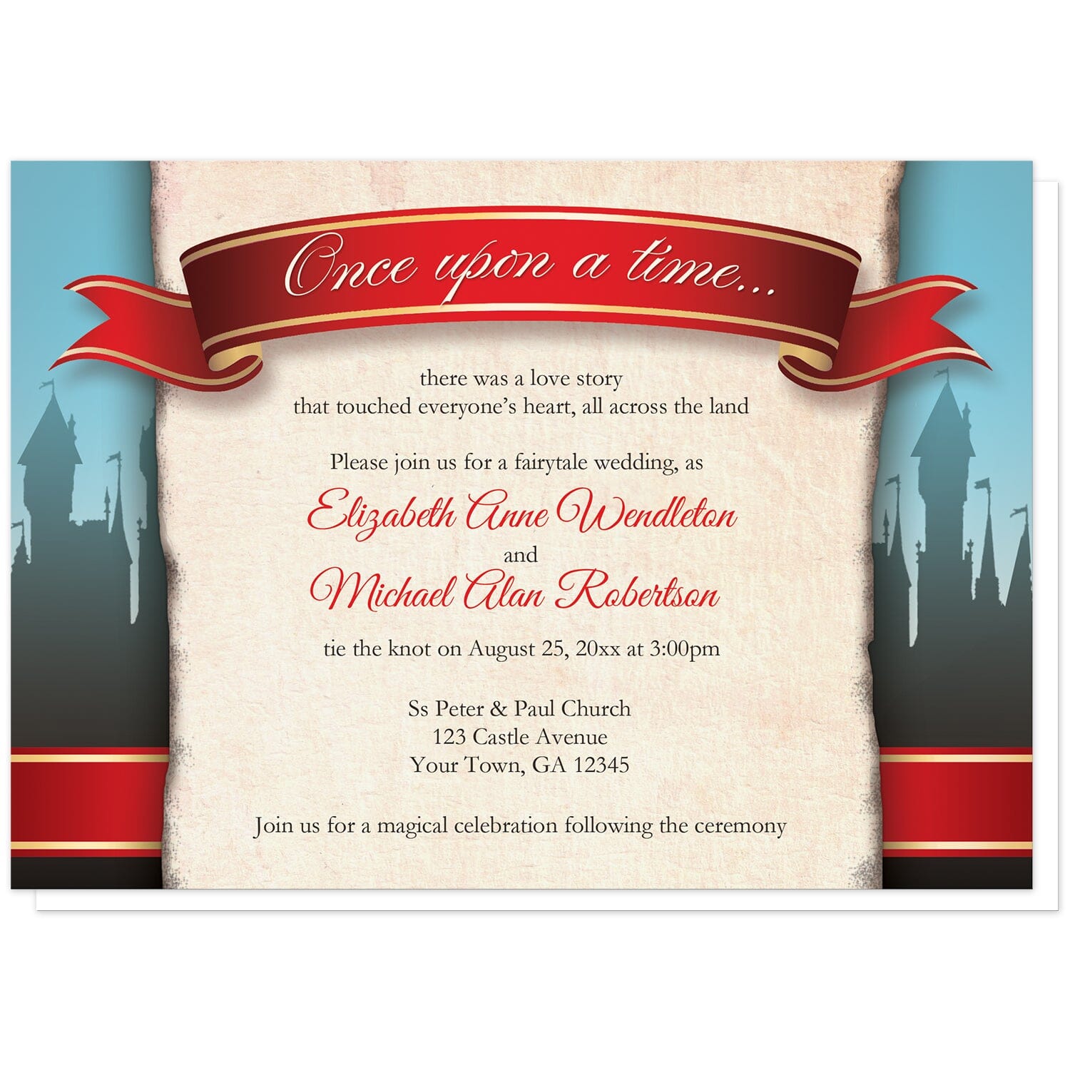 Fairytale Castle Red Once Upon a Time Wedding Invitations at Artistically Invited. Fairytale castle red once upon a time wedding invitations with a crimson red and gold banner that reads "Once upon a time...". There are historical tall castles in the distance over a blue to brown gradient on the sides. Your personalized wedding details are arranged over a tattered old vintage paper illustration down the middle.