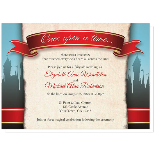 Fairytale Castle Red Once Upon a Time Wedding Invitations at Artistically Invited. Fairytale castle red once upon a time wedding invitations with a crimson red and gold banner that reads "Once upon a time...". There are historical tall castles in the distance over a blue to brown gradient on the sides. Your personalized wedding details are arranged over a tattered old vintage paper illustration down the middle.