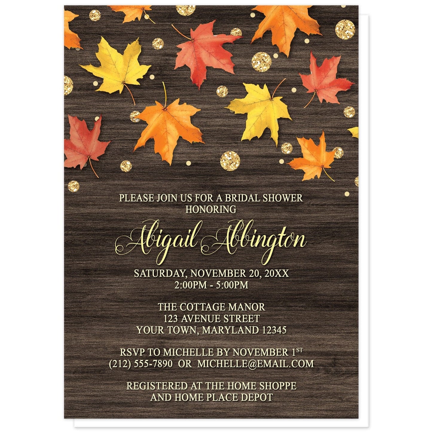 Falling Leaves with Gold Autumn Bridal Shower Invitations at Artistically Invited. Beautiful rustic falling leaves with gold autumn bridal shower invitations with red, orange, and yellow leaves scattered and falling along the top, coupled with gold-colored glitter-illustrated circles, over a dark brown wood background. Your personalized bridal shower celebration details are arranged in a very light yellow and gold over the wood background.