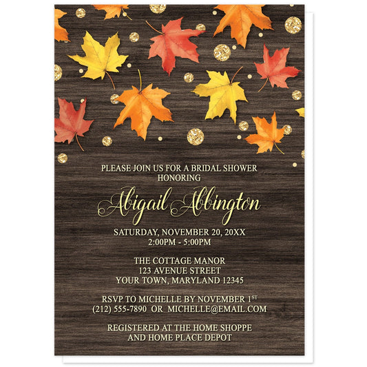 Falling Leaves with Gold Autumn Bridal Shower Invitations at Artistically Invited. Beautiful rustic falling leaves with gold autumn bridal shower invitations with red, orange, and yellow leaves scattered and falling along the top, coupled with gold-colored glitter-illustrated circles, over a dark brown wood background. Your personalized bridal shower celebration details are arranged in a very light yellow and gold over the wood background.