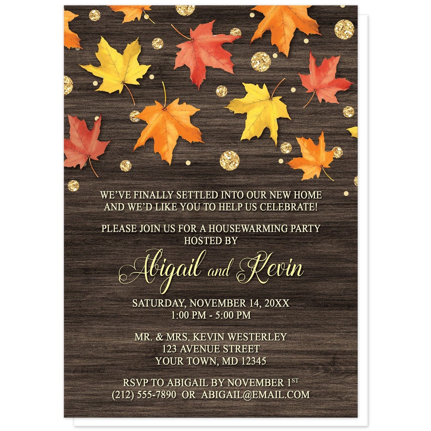 Falling Leaves with Gold Autumn Housewarming Invitations at Artistically Invited. Beautiful rustic falling leaves with gold autumn housewarming invitations with red, orange, and yellow leaves scattered and falling along the top, coupled with gold-colored glitter-illustrated circles, over a dark brown wood background. Your personalized housewarming celebration details are arranged in yellow and light gold over the wood background below the leaves.
