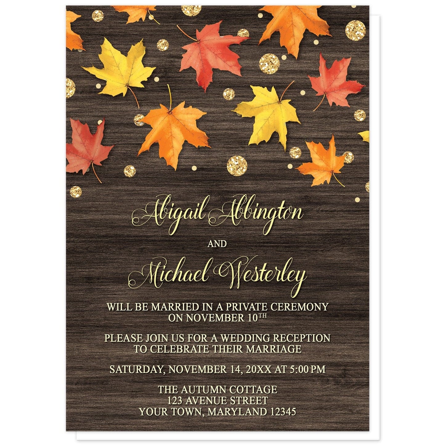 Falling Leaves with Gold Autumn Reception Only Invitations at Artistically Invited. Beautiful rustic falling leaves with gold autumn reception only invitations with red, orange, and yellow fall leaves scattered and falling along the top, coupled with gold-colored glitter-illustrated circles, over a dark brown wood background. Your personalized post-wedding reception details are arranged in very light yellow and gold over the wood background.