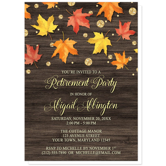 Falling Leaves with Gold Autumn Retirement Invitations at Artistically Invited. Beautiful rustic falling leaves with gold autumn retirement invitations with red, orange, and yellow leaves scattered and falling along the top, coupled with gold-colored glitter-illustrated circles, over a dark brown wood background. Your personalized retirement party details are arranged in a very light yellow and gold over the wood background.