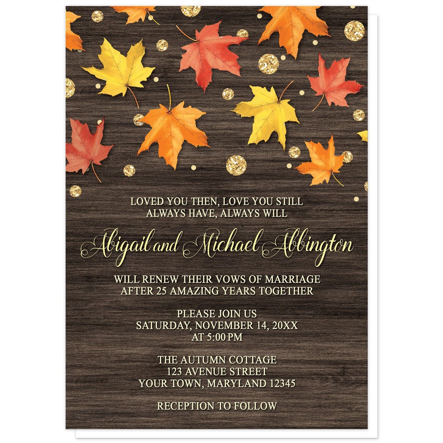 Falling Leaves with Gold Autumn Vow Renewal Invitations at Artistically Invited. Beautiful rustic falling leaves with gold autumn vow renewal invitations with red, orange, and yellow fall leaves scattered and falling along the top, coupled with gold-colored glitter-illustrated circles, over a dark brown wood background. Your personalized vow renewal celebration details are arranged in very light yellow and gold over the wood background.