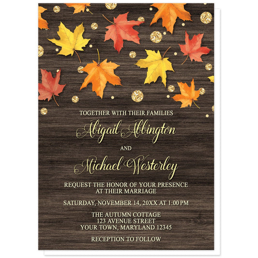 Falling Leaves with Gold Autumn Wedding Invitations at Artistically Invited. Beautiful rustic falling leaves with gold autumn wedding invitations with red, orange, and yellow fall leaves scattered and falling along the top, coupled with gold-colored glitter-illustrated circles, over a dark brown wood background. Your personalized marriage celebration details are arranged in very light yellow and gold over the wood background.