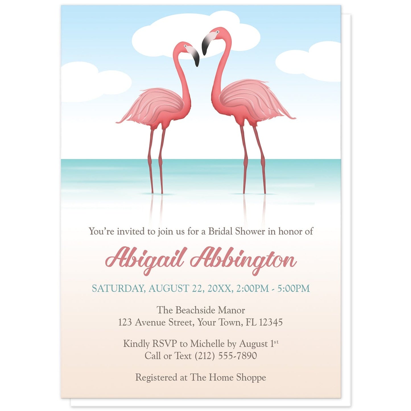 Flamingos in the Water Bridal Shower Invitations at Artistically Invited. Flamingos in the water bridal shower invitations with a tropical illustration of two pink flamingos standing in the water. Your personalized bridal shower celebration details are arranged in pink, teal, and brown over the beach background design below the flamingos.
