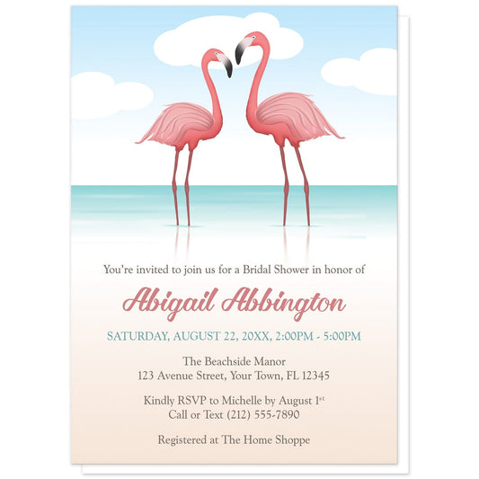 Flamingos in the Water Bridal Shower Invitations at Artistically Invited. Flamingos in the water bridal shower invitations with a tropical illustration of two pink flamingos standing in the water. Your personalized bridal shower celebration details are arranged in pink, teal, and brown over the beach background design below the flamingos.