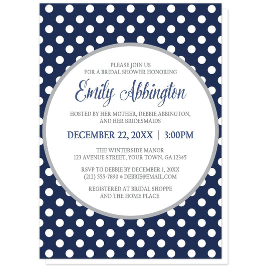 Gray Navy Blue Polka Dot Bridal Shower Invitations at Artistically Invited. Gray navy blue polka dot bridal shower invitations with your personalized celebration details arranged in navy blue and gray inside a white circle outlined in light gray, over a navy blue polka dot pattern with white polka dots over blue.