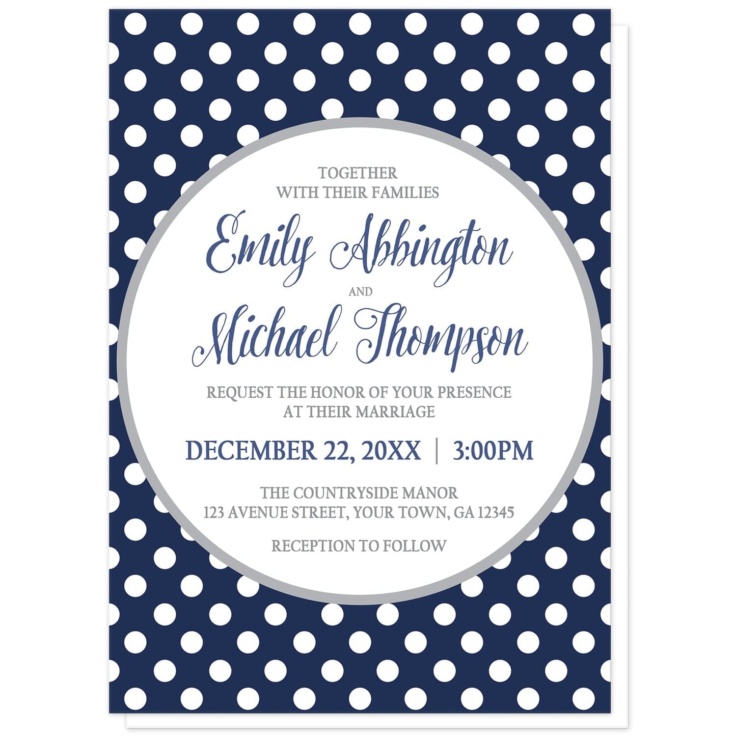 Gray Navy Blue Polka Dot Wedding Invitations at Artistically Invited. Gray navy blue polka dot wedding invitations with your personalized marriage celebration details arranged in navy blue and gray inside a white circle outlined in light gray, over a navy blue polka dot pattern with white polka dots over blue.