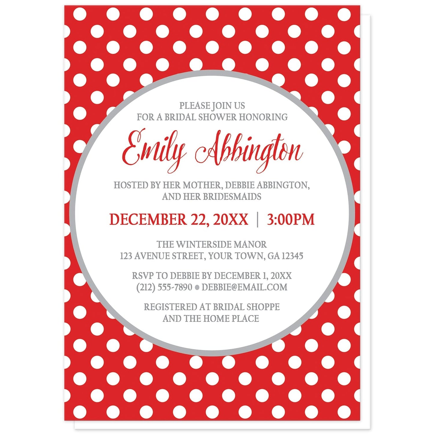 Gray and Red Polka Dot Bridal Shower Invitations at Artistically Invited. Gray and red polka dot bridal shower invitations with your personalized celebration details arranged in red and gray inside a white circle outlined in light gray, over a red polka dot pattern with white polka dots over red.