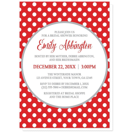 Gray and Red Polka Dot Bridal Shower Invitations at Artistically Invited. Gray and red polka dot bridal shower invitations with your personalized celebration details arranged in red and gray inside a white circle outlined in light gray, over a red polka dot pattern with white polka dots over red.