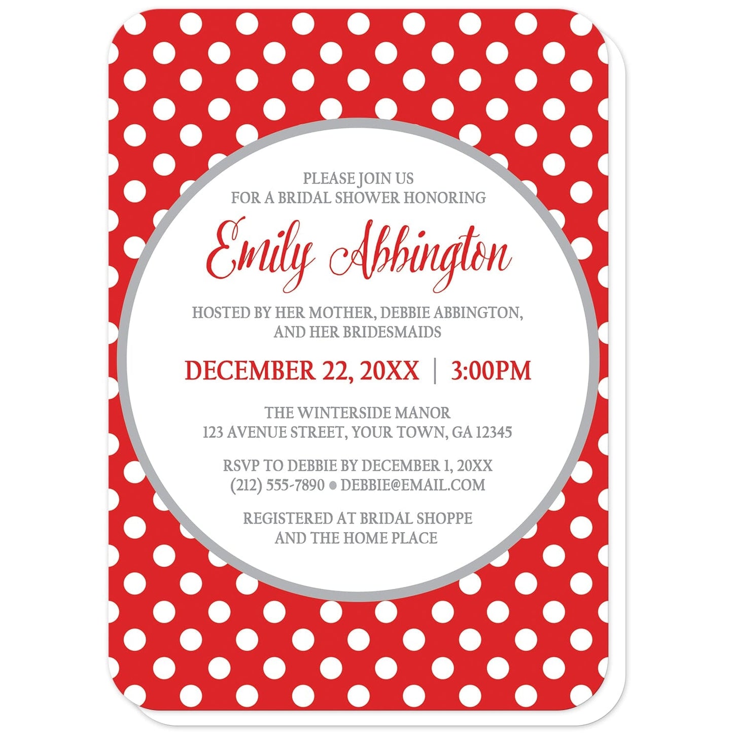 Gray and Red Polka Dot Bridal Shower Invitations (with rounded corners) at Artistically Invited. Gray and red polka dot bridal shower invitations with your personalized celebration details custom printed in red and gray inside a white circle outlined in light gray, over a red polka dot pattern with white polka dots over red.