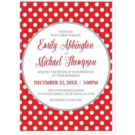 Gray and Red Polka Dot Wedding Invitations at Artistically Invited. Gray and red polka dot wedding invitations with your personalized marriage celebration details arranged in red and gray inside a white circle outlined in light gray, over a red polka dot pattern with white polka dots over red.