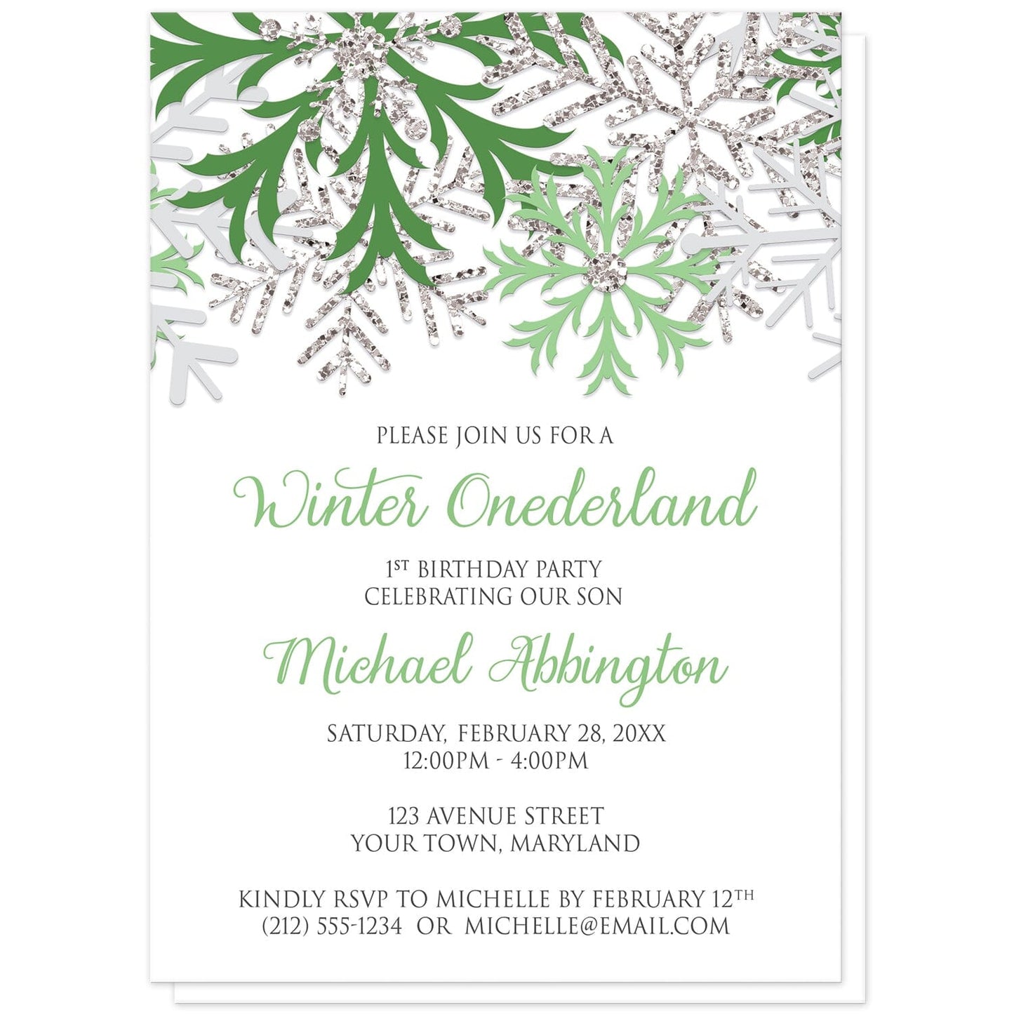 Green Silver Snowflake 1st Birthday Winter Onederland Invitations at Artistically Invited. Pretty green silver snowflake 1st birthday Winter Onederland invitations designed with green, light green, silver-colored glitter-illustrated, and light gray snowflakes along the top of the invitations. Your personalized 1st birthday party details are arranged in green and gray on white below the snowflakes.