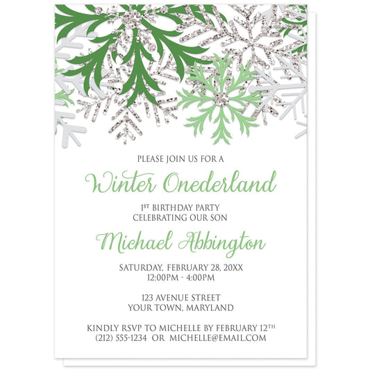 Green Silver Snowflake 1st Birthday Winter Onederland Invitations at Artistically Invited. Pretty green silver snowflake 1st birthday Winter Onederland invitations designed with green, light green, silver-colored glitter-illustrated, and light gray snowflakes along the top of the invitations. Your personalized 1st birthday party details are arranged in green and gray on white below the snowflakes.