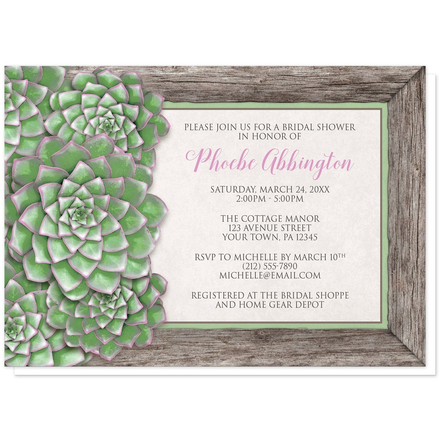 Green and Pink Succulent Wood Bridal Shower Invitations at Artistically Invited. Beautiful green and pink succulent wood bridal shower invitations with an arrangement of green succulents with pink tips along the left side of the invitations over a wooden frame border illustration. Your personalized bridal shower celebration details are arranged in pink and brown over beige to the right of the succulents.