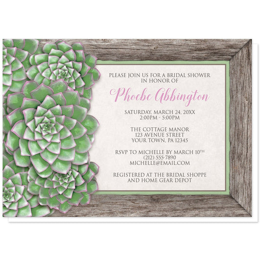 Green and Pink Succulent Wood Bridal Shower Invitations at Artistically Invited. Beautiful green and pink succulent wood bridal shower invitations with an arrangement of green succulents with pink tips along the left side of the invitations over a wooden frame border illustration. Your personalized bridal shower celebration details are arranged in pink and brown over beige to the right of the succulents.