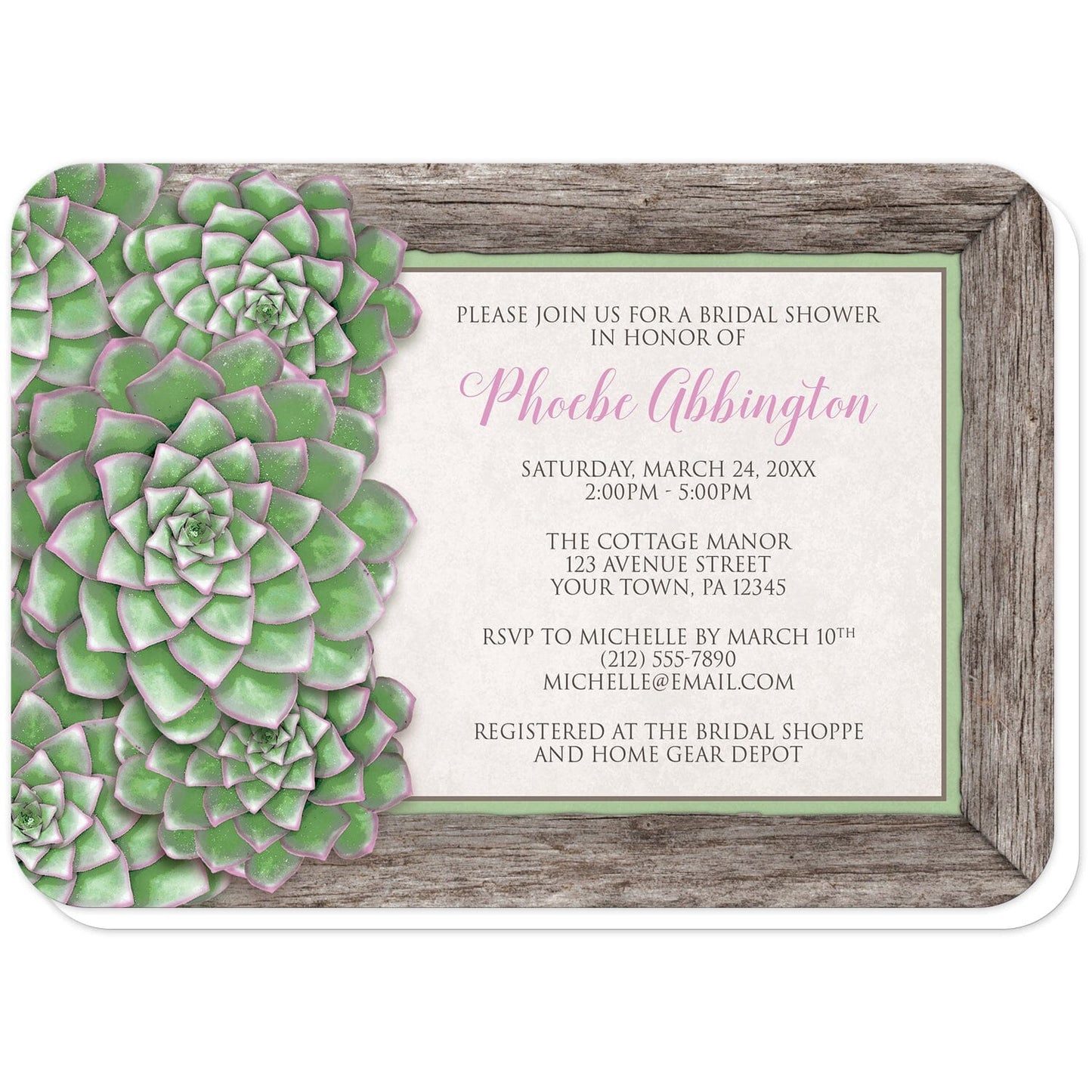 Green and Pink Succulent Wood Bridal Shower Invitations (with rounded corners) at Artistically Invited. Beautiful green and pink succulent wood bridal shower invitations with an arrangement of green succulents with pink tips along the left side of the invitations over a wooden frame border illustration. Your personalized bridal shower celebration details are custom printed in pink and brown over beige to the right of the succulents.