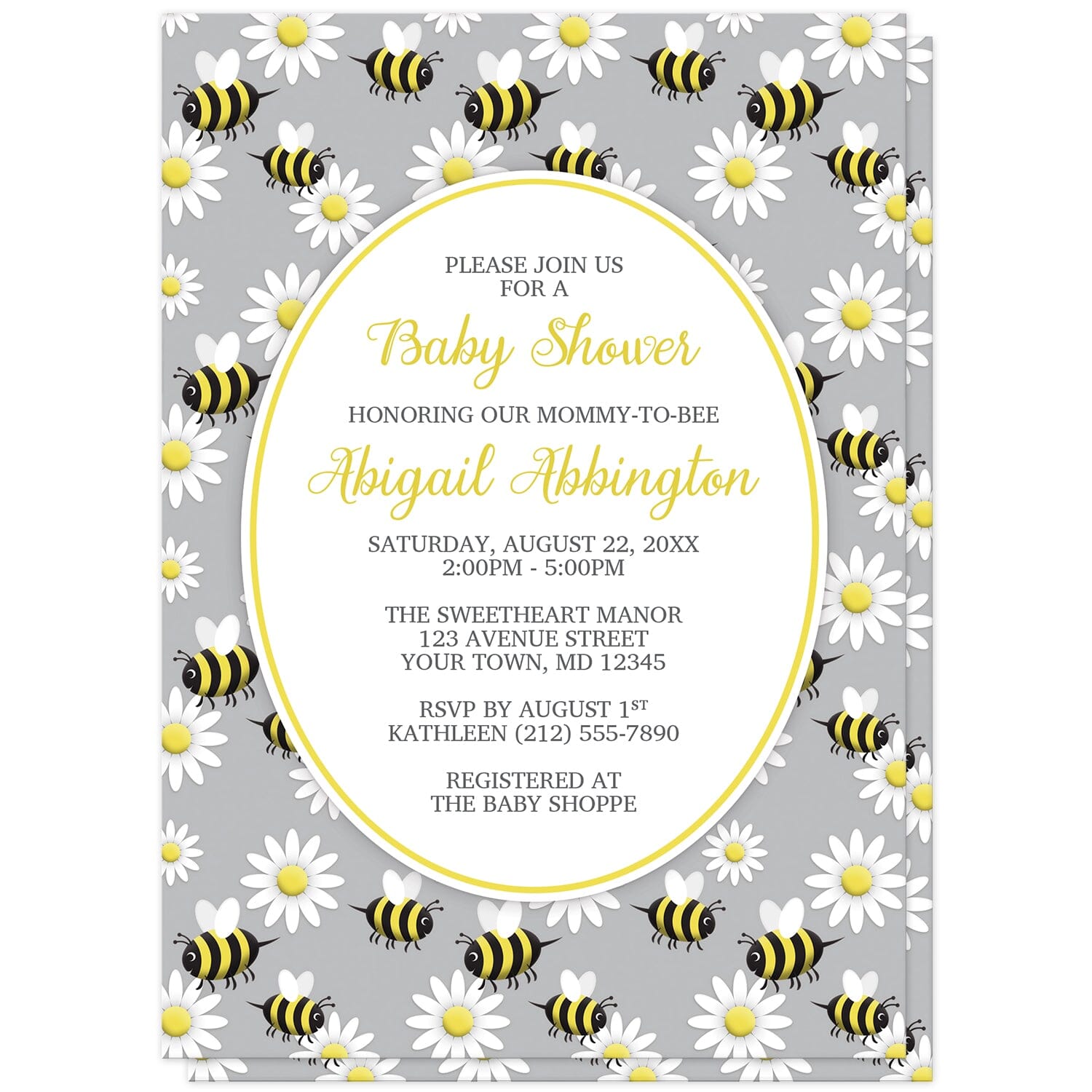 Happy Bee and Daisy Pattern Baby Shower Invitations at Artistically Invited. Happy bee and daisy pattern baby shower invitations with a background featuring a pattern of a yellow and black happy bees and white daisy flowers over gray. Your personalized baby shower celebration details are arranged in yellow and dark gray in a white oval outlined in yellow in the center.