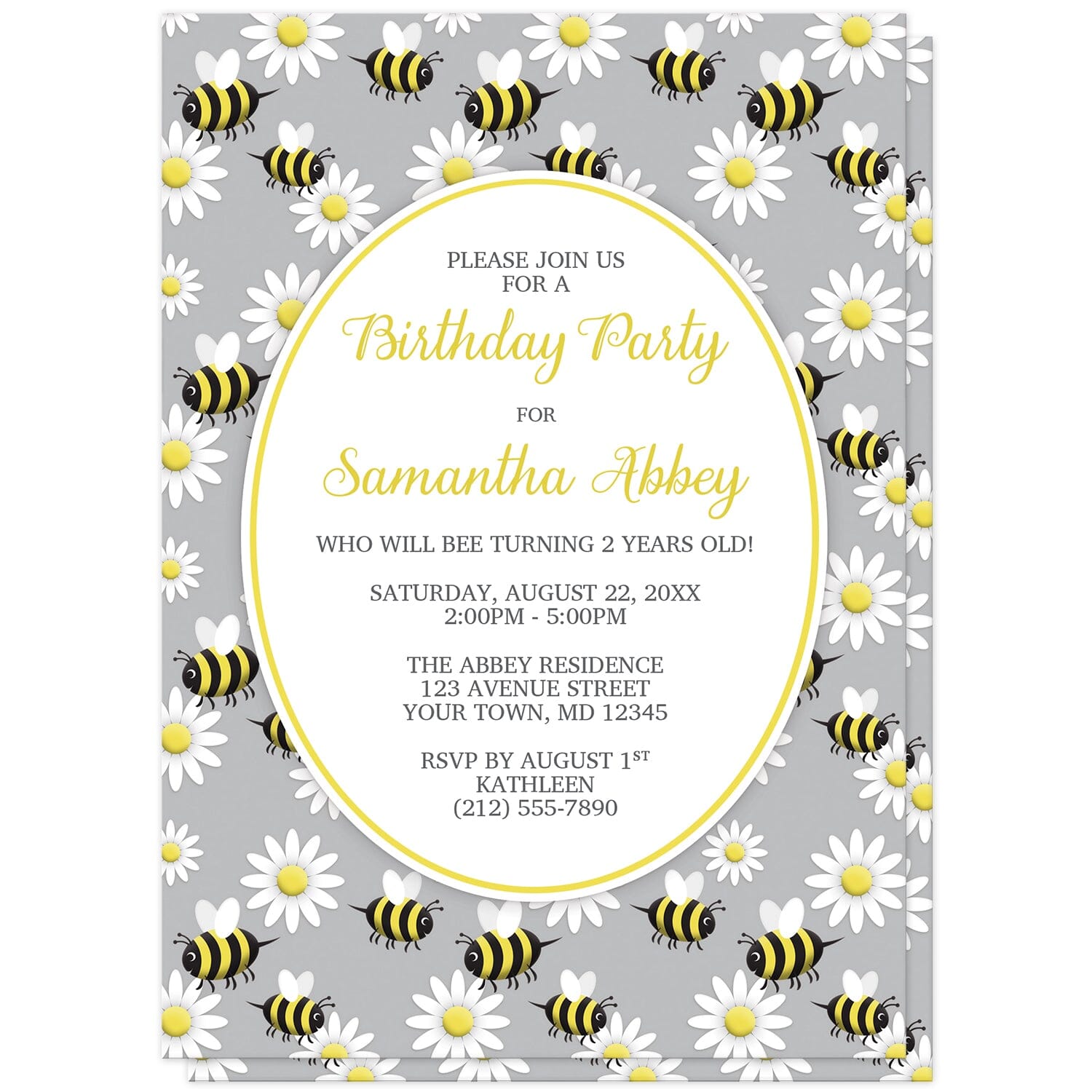 Happy Bee and Daisy Pattern Birthday Party Invitations at Artistically Invited. Happy bee and daisy pattern birthday party invitations with a background featuring a pattern of a yellow and black happy bees and white daisy flowers over gray. Your personalized birthday party details are arranged in yellow and dark gray in a white oval outlined in yellow in the center.