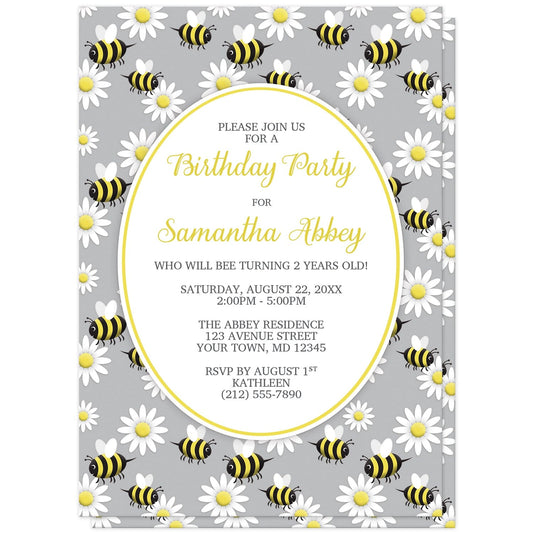 Happy Bee and Daisy Pattern Birthday Party Invitations at Artistically Invited. Happy bee and daisy pattern birthday party invitations with a background featuring a pattern of a yellow and black happy bees and white daisy flowers over gray. Your personalized birthday party details are arranged in yellow and dark gray in a white oval outlined in yellow in the center.
