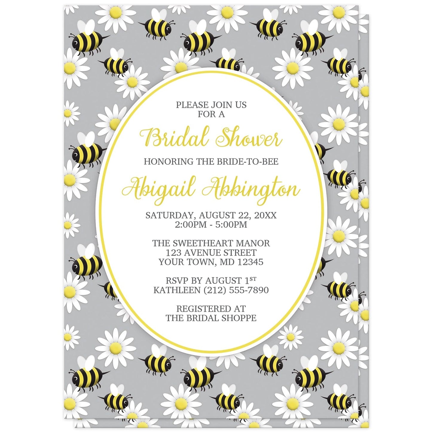 Happy Bee and Daisy Pattern Bridal Shower Invitations at Artistically Invited. Happy bee and daisy pattern bridal shower invitations with a background featuring a pattern of a yellow and black happy bees and white daisy flowers over gray. Your personalized bridal shower celebration details are arranged in yellow and dark gray in a white oval outlined in yellow in the center.