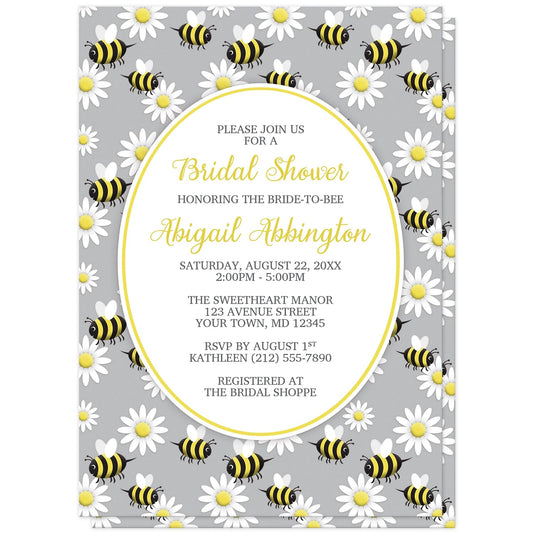 Happy Bee and Daisy Pattern Bridal Shower Invitations at Artistically Invited. Happy bee and daisy pattern bridal shower invitations with a background featuring a pattern of a yellow and black happy bees and white daisy flowers over gray. Your personalized bridal shower celebration details are arranged in yellow and dark gray in a white oval outlined in yellow in the center.