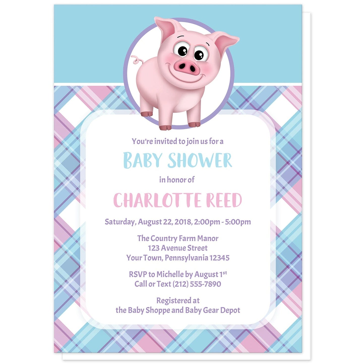 Happy Pig Pink Blue and Purple Plaid Baby Shower Invitations at Artistically Invited. Happy pig pink blue and purple plaid baby shower invitations that are illustrated with a cute and happy pink pig in a white and purple circle over a blue background along the top, and a pink, blue, and purple plaid pattern background on the bottom. Your personalized baby shower celebration details are arranged in pink, blue and purple over a white rectangular area over the plaid pattern.
