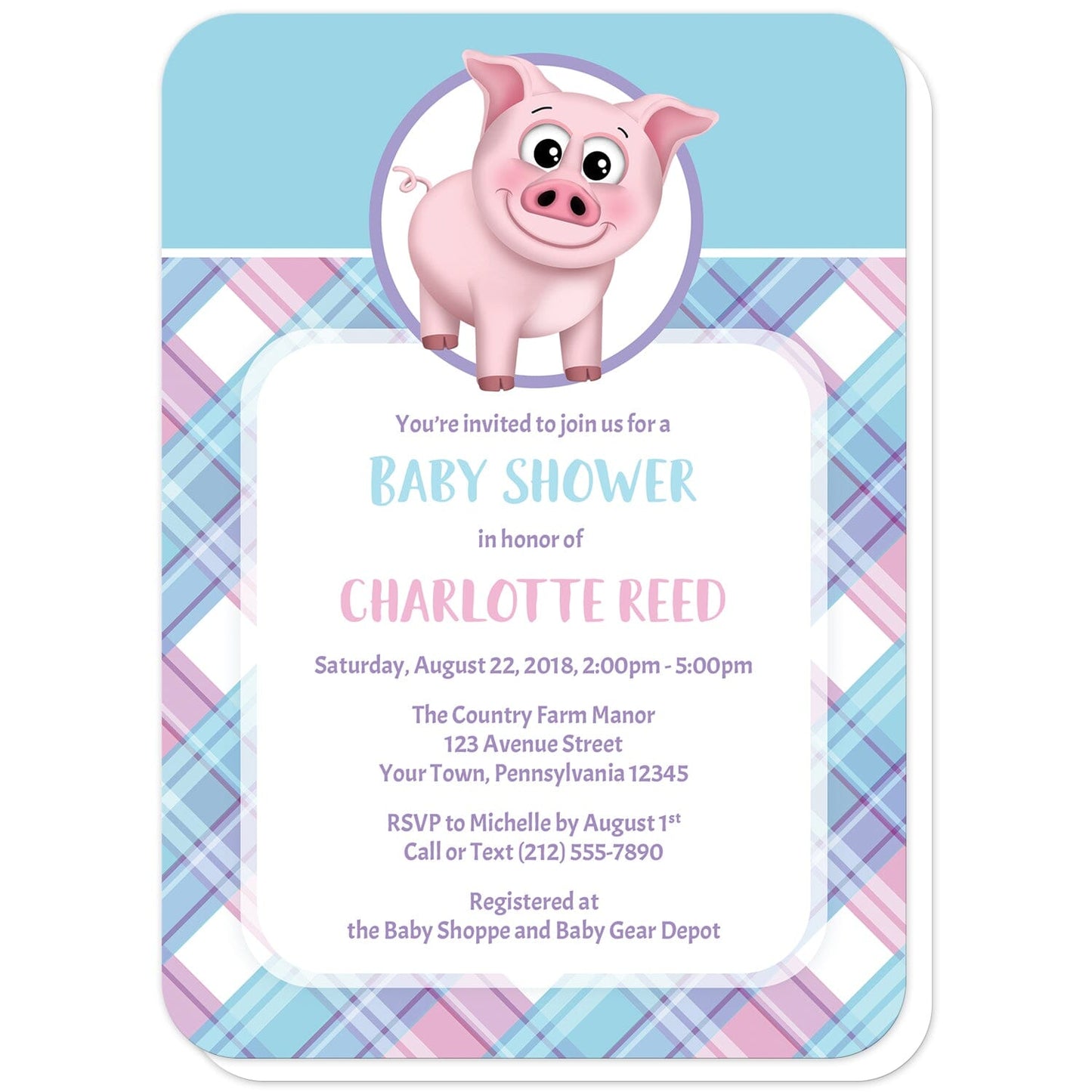 Happy Pig Pink Blue and Purple Plaid Baby Shower Invitations (with rounded corners) at Artistically Invited. Happy pig pink blue and purple plaid baby shower invitations that are illustrated with a cute and happy pink pig in a white and purple circle over a blue background along the top, and a pink, blue, and purple plaid pattern background on the bottom. Your personalized baby shower celebration details are custom printed in pink, blue and purple over a white rectangular area over the plaid pattern.