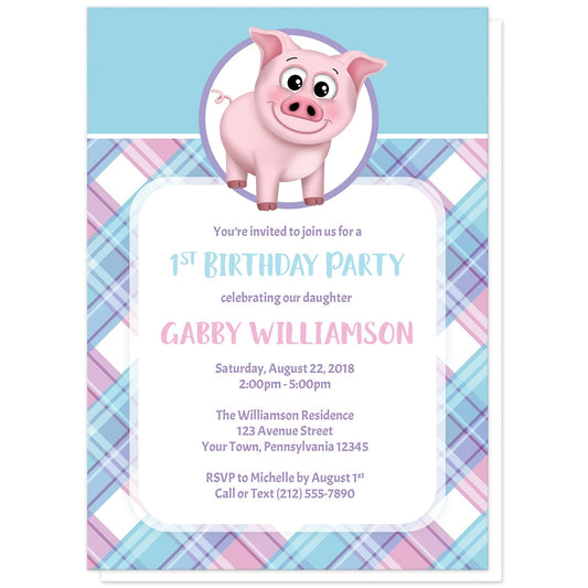 Happy Pig Pink Blue and Purple Plaid Birthday Party Invitations at Artistically Invited. Happy pig pink blue and purple plaid birthday party invitations that are illustrated with a cute and happy pink pig in a white and purple circle over a blue background along the top, and a pink, blue, and purple plaid pattern background on the bottom. Your personalized birthday party details are arranged in pink, blue and purple over a white rectangular area over the plaid pattern.